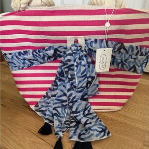 Mud Pie Pink and Off-White Striped Tote with Blue Scarf Accent